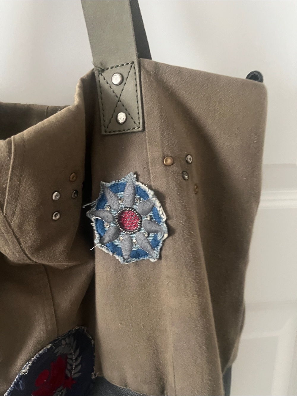 Free People Khaki and Black Patchwork Tote with Embroidered Patches - Picture 5 of 12